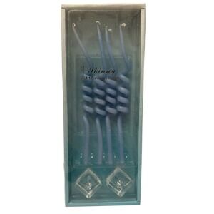 1970s Skinny Handmade Blue‎ Swirl Candles With Glass Candle Holders Party Decor